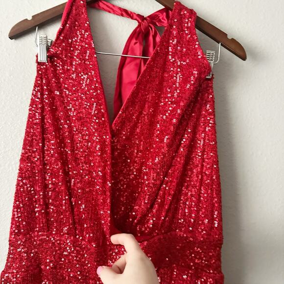 Fashion To Figure Red Sequin V Neck Halter Party Jumpsuit women’s plus size 0X - Picture 3 of 12